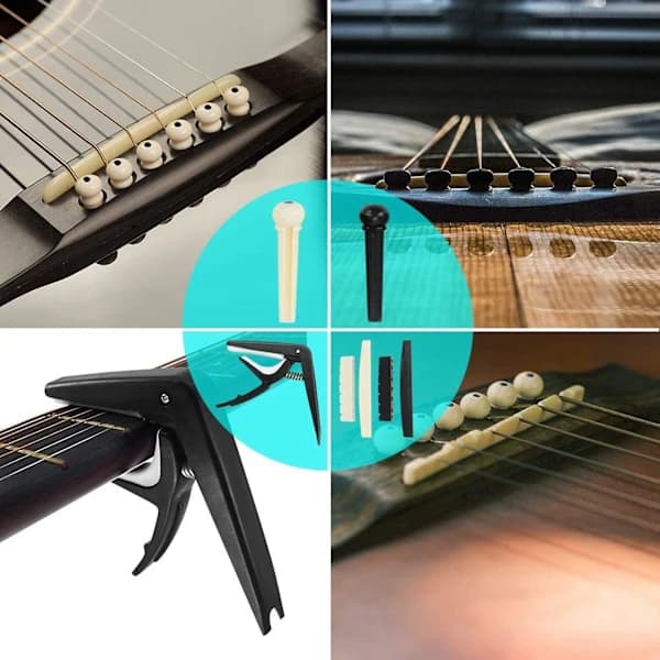 65-delars gitarrtillbehörssats med gitarrsträngar, stämmare, capo, plektrum, plektrumhållare, tummefingerplock {} Som visas