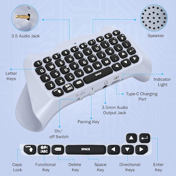 Grønt baggrundsbelyst tastatur til PS5-controller, PS5 trådløst minitastatur Chatpad til Playstation 5-controller med 3,5 mm lydstik_qp White