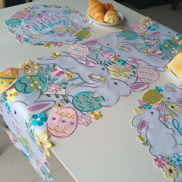 Embroidered Table Runner with Plaid Rabbit Pattern, Easter Spring Rabbit Floral Butterfly Egg Table Runner 35 x 175 cm for Easter