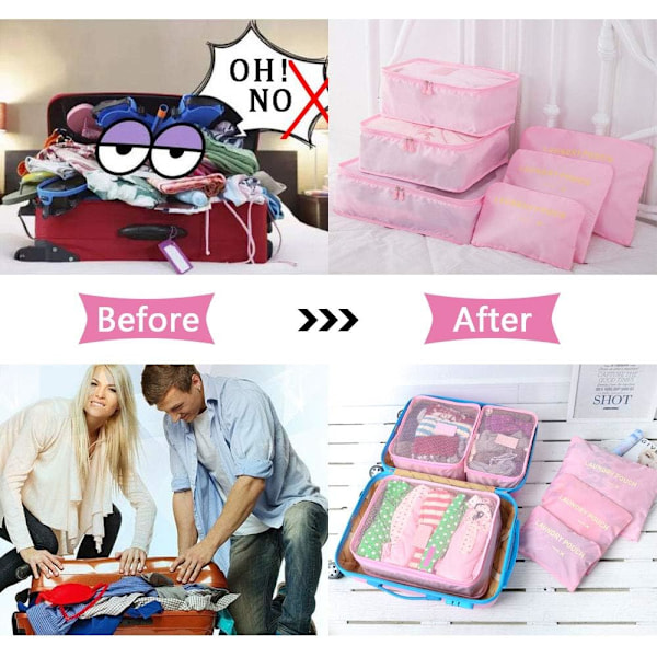 Resväska Organizer Pack, 6-pack Resväska Packkuber Set för Kläder Resväskor Organisationsförvaringsväskor Rosa
