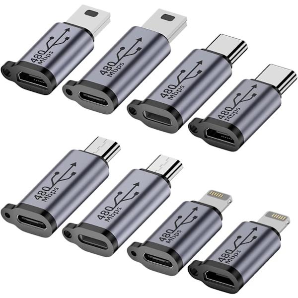 USB C til Micro USB-adapter, Type C/Micro USB hun til Lightning han-konverter, Micro USB til USB C-forlænger (8-pak)