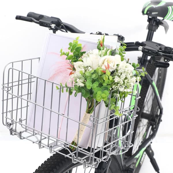 Sammenklappelig cykelkurv af ståltråd med kroge, værktøjsfri montering, 25 kg bæreevne til indkøb, kæledyr og pendling, sølv
