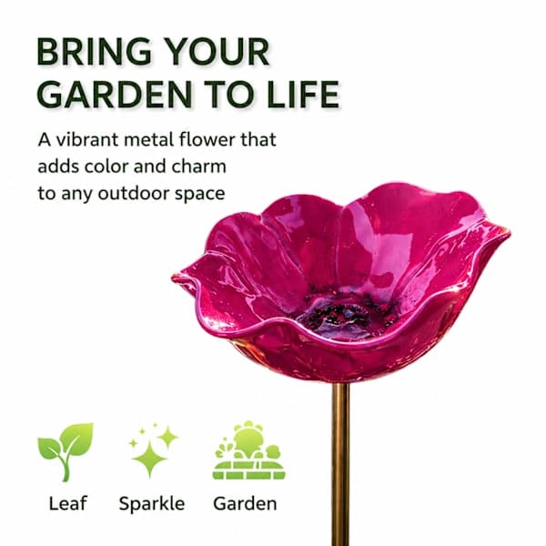 Fuglebad i metalblomst, håndlavet rustfrit stål vinterbestandig bestøverfoder til have terrasse udendørs, pink pink