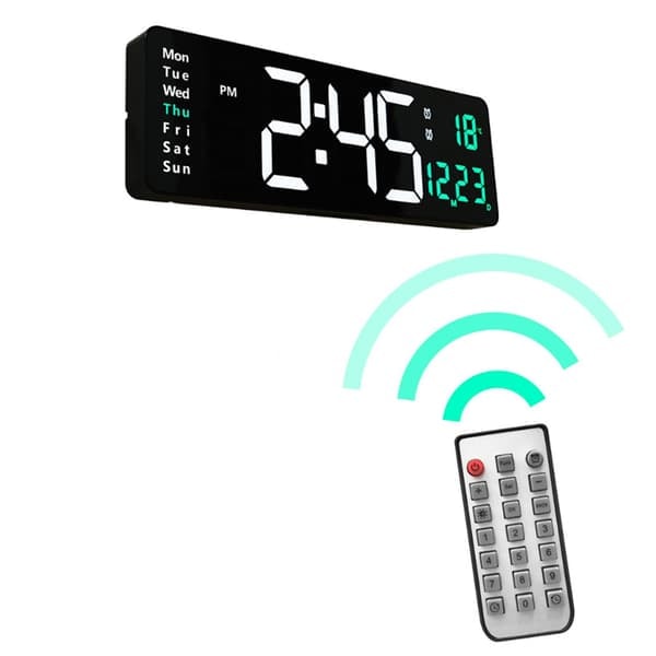 \"QD\" Stor digital väggklocka 38 cm – med temperatur, datum och fjärrkontroll