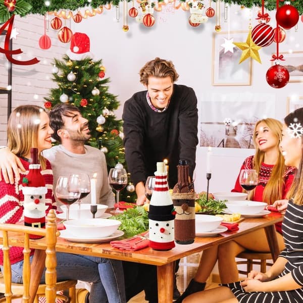 Julöverdrag för vinflaskor, 3-pack stickade vinflasköverdrag, vinflaskförpackningar för jul, vinflaskdekoration