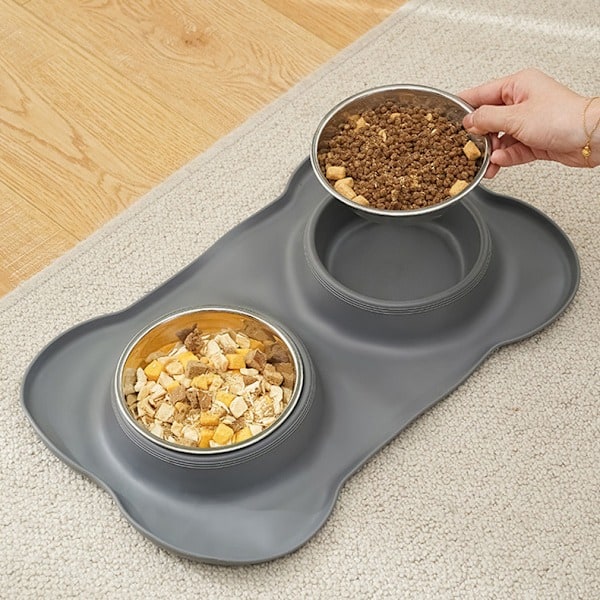 [QD] Hundskålar med halkfria mattor, dubbla skålar i rostfritt stål med halkfria silikonmattor för katter valpar - 36*21CM
