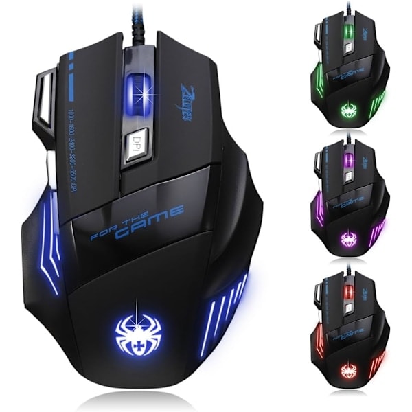 [QD] Kablet Gaming Mus ZELOTES Professionel LED Optisk 7200 DPI 7-Knaps USB Gaming Mus med Justerbar DPI-skift 7200/3200/2400/1600/1000 DPI