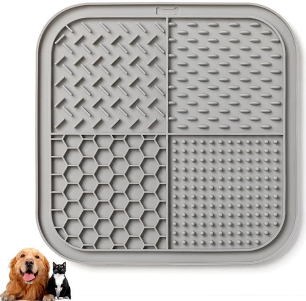 Hundslickmatta Långsam Matare, Silikon Sugkopp Sniffmatta för Hundar och Katter, Diskmaskinssäker, Grå 20 x 20 cm