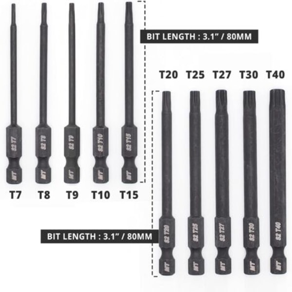 QQU-Torx Bitsett for Skrutrekkere, Bor og Slagtrekker, Temperaturresistent, Avansert Varmebehandling, Fosfatbelegg, 8 cm, 10 Deler