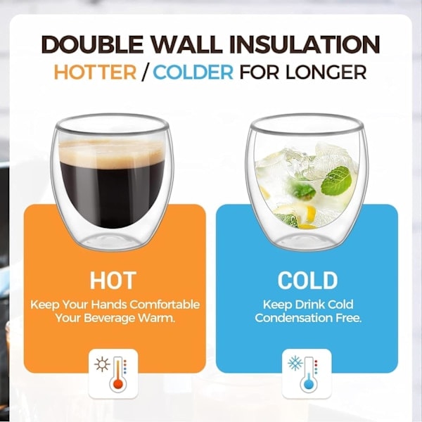 [QD]st Dubbelväggiga glaskoppar, transparenta dubbelväggiga kaffeglas, dubbelväggiga, cappuccino, latte och isolerade (80 ml)