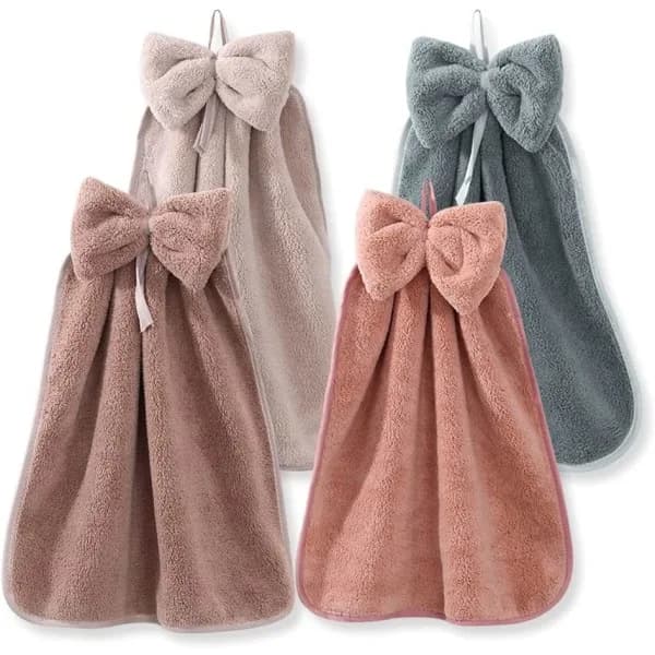 4-pack Hanging Towels with Bow Tie, Coral Velvet Microfiber