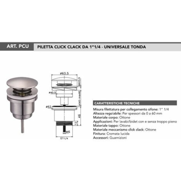 QQU-Tecom PCU universal click-clack avløp, rund modell, krom