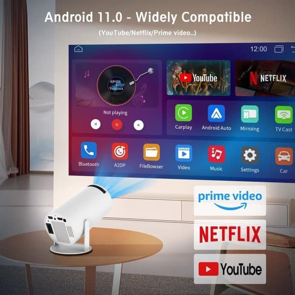 Mini 4K Projector with WiFi & Bluetooth – Android 11, Automatic Keystone Correction, 180° Rotation