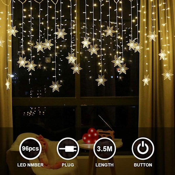 [QD] 3,5M Snöflingeljusgardin, 96 LED-ljusslingor 8 Ljuslägen, Fönsterdekoration, Jul, Bröllop, Födelsedag, Hem, Utomhus - Varmvit
