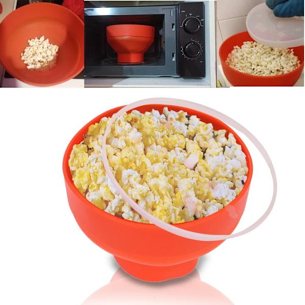 QU.Red Chips Fruktskål Popcornmaskin Högkvalitativ Kök Lätta Verktyg med Lock Silikon DIY Mikrovågspopcornskål Hink