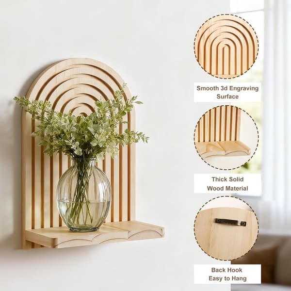 2-pack Boho Wood Wall Mounted Shelf - Handmade Rainbow Arch Floating Shelves Trinket Storage Modern Wall Decor burlywood