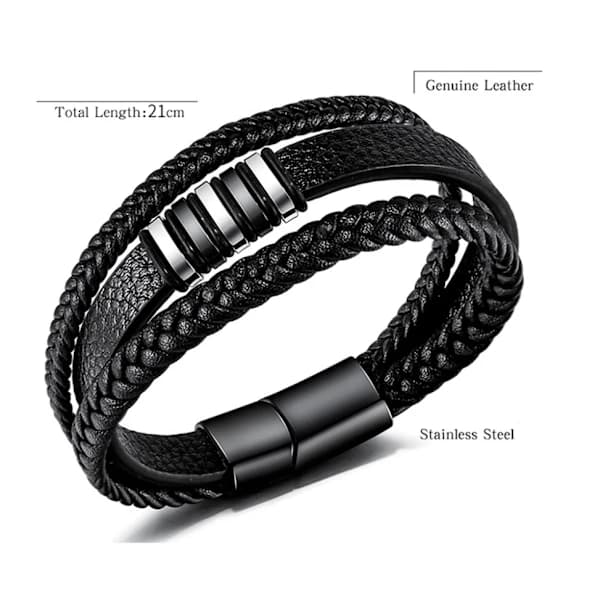 Sort læderarmbånd til mænd - Gave til mænd 23 cm