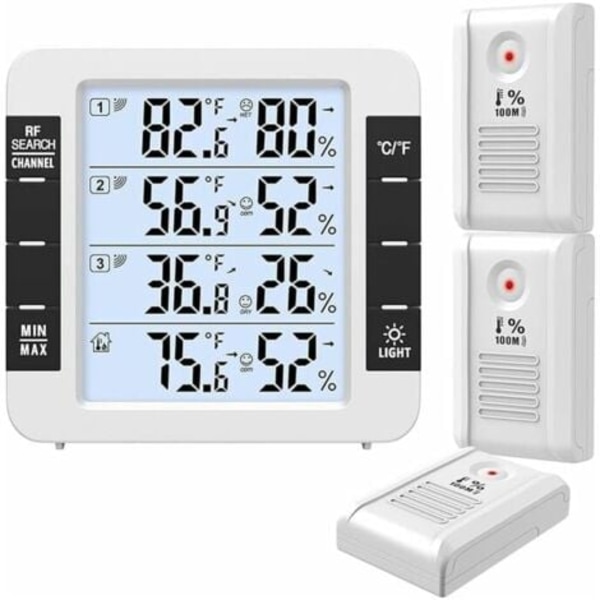 QU/DPZO Smart Indendørs/Udendørs Termometer med 3 Trådløse Sensorer. Overvåger luftfugtighed og temperatur (°C/°F), registrerer maksimum og m