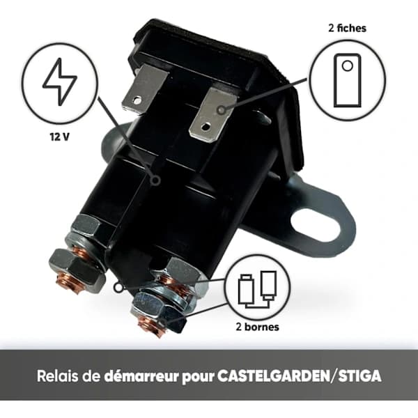 Startrelé - Erstatningsdel Passer Castelgarden & Stiga Traktorklippere - Sidemontering & 2 Terminaler + 2 Kontaktkoblinger