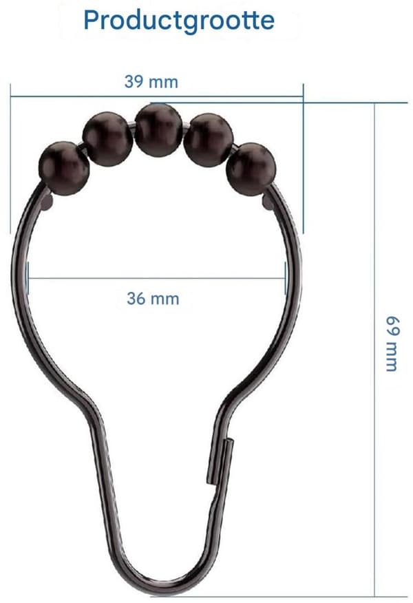 Gardinringe, Gardinkroge, Rustfrit stål, til gardinstang, Sort, 12-pak