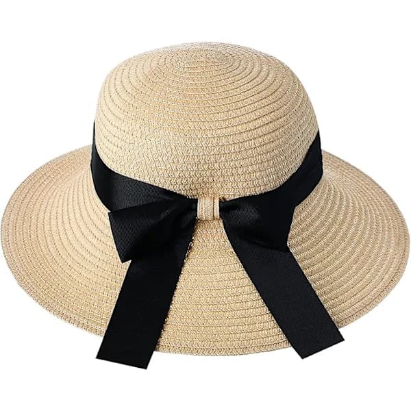 Solhat til damer, sommerhat med sløjfe, foldbar hat, bredskygget diskette strandhat, feriestråhat