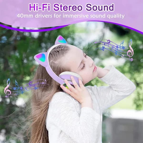 New Kids Bluetooth Headphones Foldable with LED Light Purple