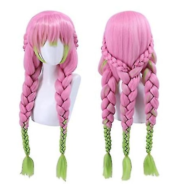 Paryk til Kanroji Mitsuri Cosplay fra Demon Slayer Grøn og Rosa Lang Lige Br_nzywt