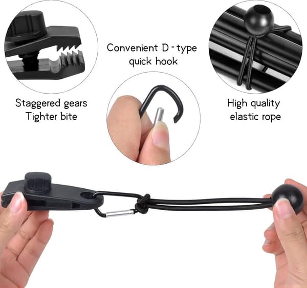 10-pack Canvas Clips, med gummistroppar & karbinhakar, för presenningar/tält