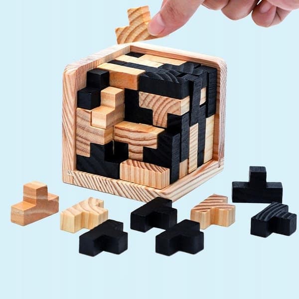 IQ-puslespil i træ, 3D - kube - sort