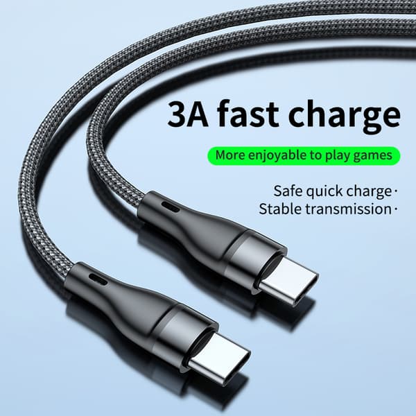 QU-USB C til USB C Hurtigladekabel PD 60W Type C Laderledning Nylon 3A Hurtigladekabel 1m Black