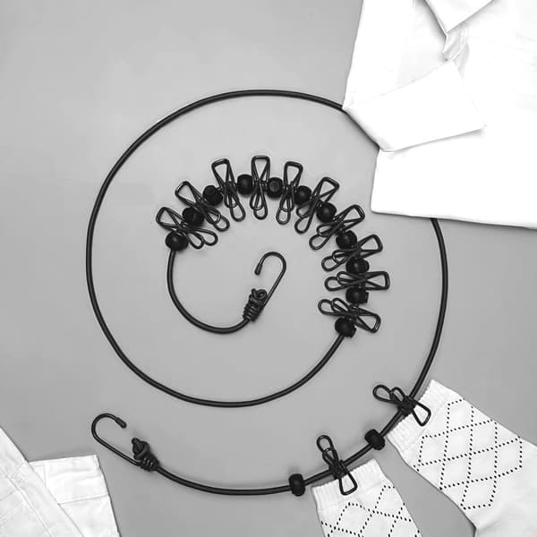 Bærbar tørresnor, 1,8 m med 12 clips, elastisk, udtrækkelig, sort