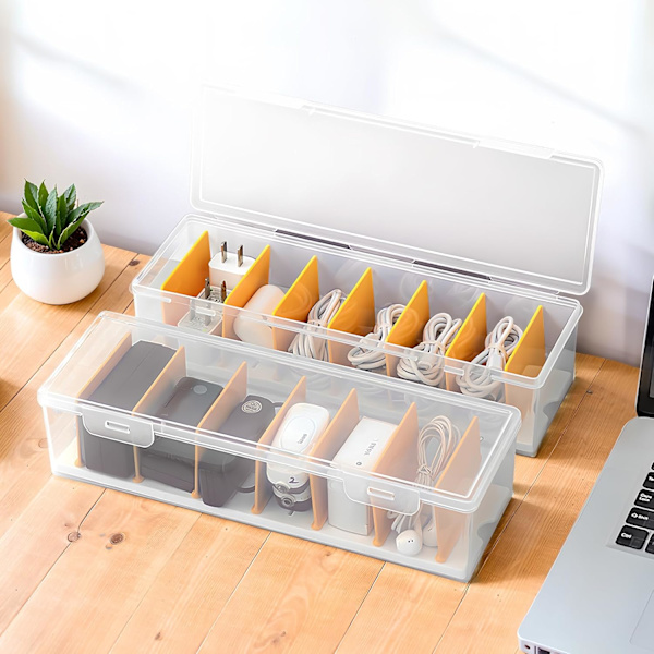 2-pack Cable Organizer Box with Lid, Transparent, Plastic, Charger, Cable, Storage, Office Organization, Multifunctional Accessory