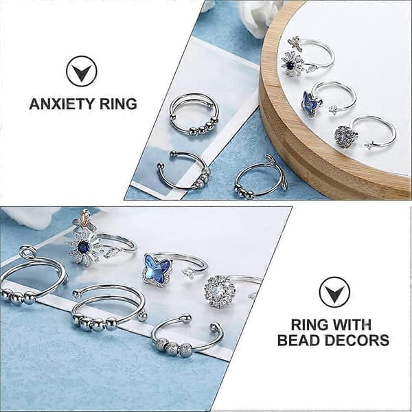 6 stk Justerbare Ringer Kvinner Enkel Fidget Ring Angst Ringer Reduser Stress Ring Fidget Ringer Kvinner Åpen Ring
