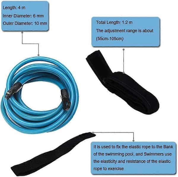 Svømme-modstandsbåndssæt med justerbart taljebælte og elastisk bungee-snor til pooltræning voksne børn blå