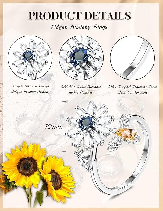 Ring for Kvinder Mænd Spinner Fidget Ringe mod Angst Justerbare Åbne CZ Blomst Perle Stresslindrende Snurrende Roterbare Ringe 9 stk Silver - C