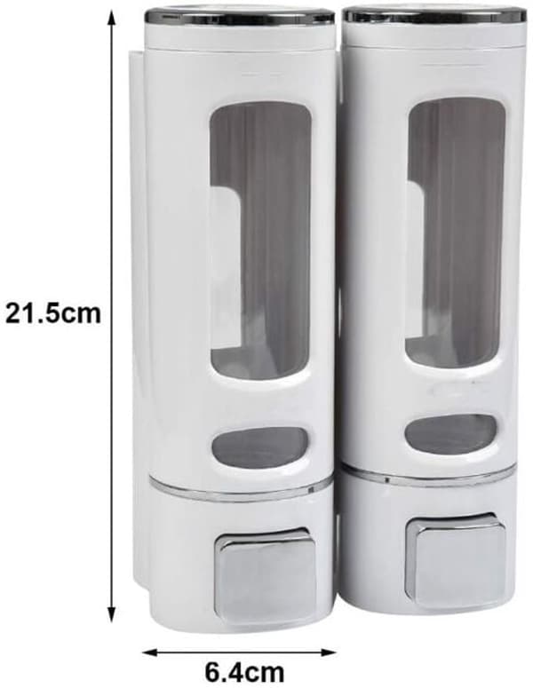 Sæbedispenser til vægmontering, 2 kamre, 400 ml plastik, uden boring, til flydende sæbe/shampoo/balsam