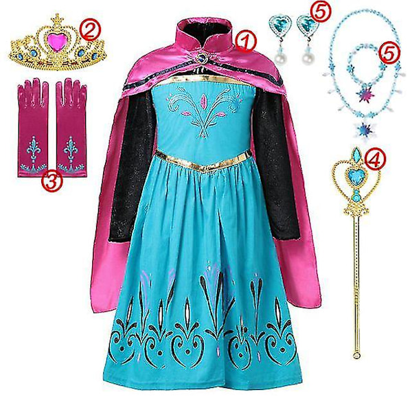 Flickans Frozen Prinsessklänning: Paljettförsedd Mesh-balklänning för Cosplay som Elsa eller Anna 6PCS Elsa Klänningsset_QUU 6PCS Elsa Dress Set 5-6T (120)