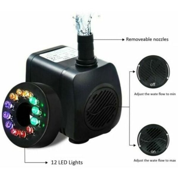 QU/Ulisem 15W fontenepumpe, 800L/t strømningshastighet, med 12 integrerte LED-lys, ideell for dammer og hager.