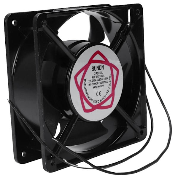120x120x38mm Axialfläkt med 5 blad, metallram, AC 220/240V 0,14A 22W