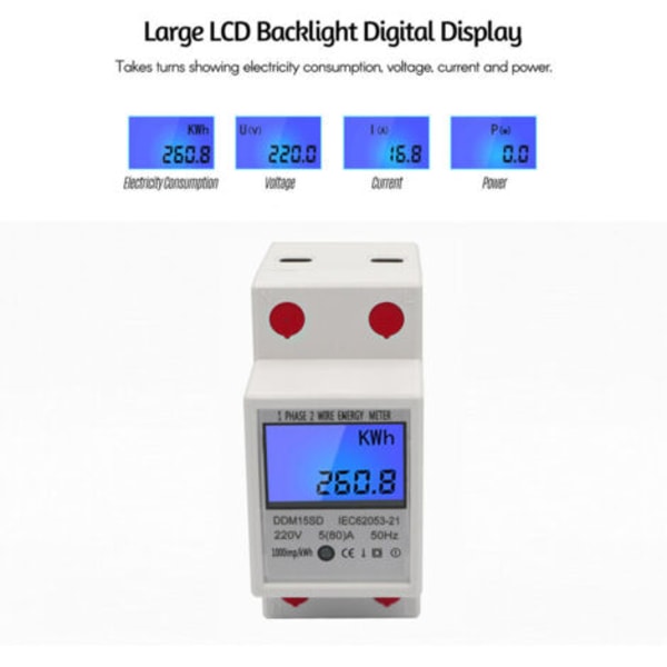 QQU-EDF Måler Enkeltfaset DIN-skinne Energimåler 5-80A 220V 50Hz Elektronisk KWh-måler med LCD-baggrundslys Digital Display DDM15SD, Hvid - Hvid
