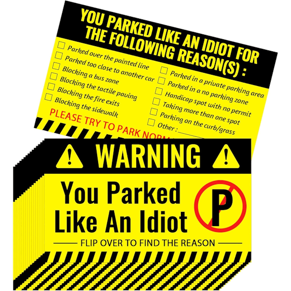 100 stk. \"Dårlig Parkering\"-kort Du parkerte som en idiot Kort 8,9 x 5,1 cm \"Dårlig Parkering\"-klistremerker Morsom parkeringsforseelse_qu