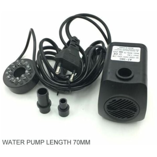 QU/Ulisem 15W fontenepumpe, 800L/t strømningshastighet, med 12 integrerte LED-lys, ideell for dammer og hager.