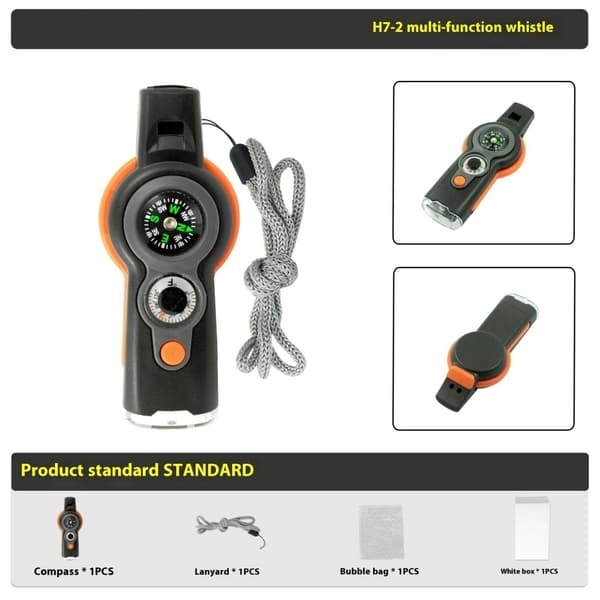 \"QD\" 7-in-1 Pilli Survival Whistle kompassilla / LED-valolla / suurennuslasilla