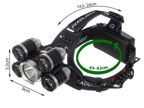 Supersterk hodelykt 5x CREE T6 - Komplett pakke