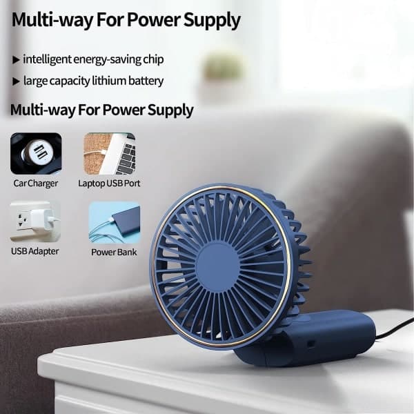 Bærbar Håndholdt Ventilator, 4000mAh Skrivebordsventilator, Blå