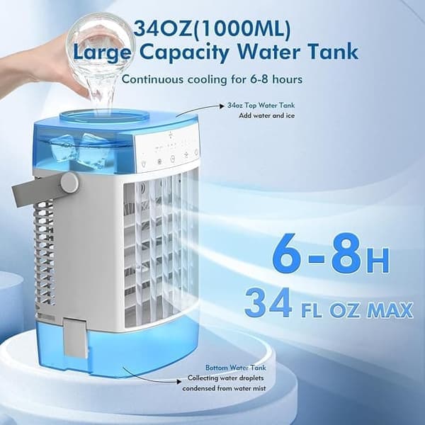 Bærbar Luftkjøler – 1600ml Vanntank, 3 Vindmoduser, Fjernkontroll, Timer & 7 LED-farger