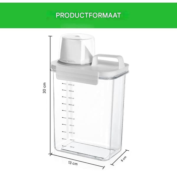 Aflåselig vaskemiddeldispenserboks, pulveropbevaring, med målekop, 2300 ml