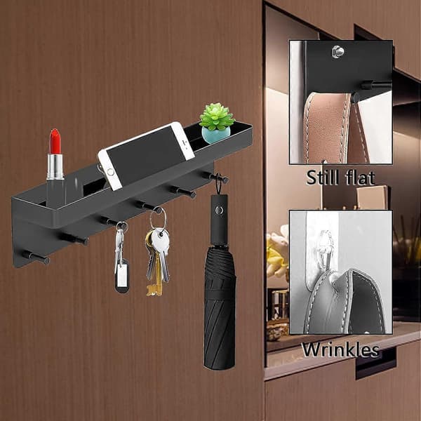 Key Board with Shelf, longziming 6 Hooks & Key Bar, Modern Key Board Black