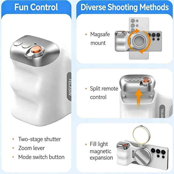 Magnetic Camera Grip for Mobile, MagSafe Phone Holder with Remote Shutter & LED Light Silver Silver Fill Light