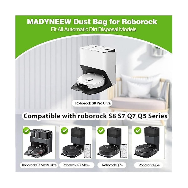[QD] 12 stk støvsugerposer Erstatning for Roborock S8+ / S8 Pro Ultra / S7 MaxV Ultra / Q5 / Q5+ / Q7+ / Q7 Max+ støvsugerpose